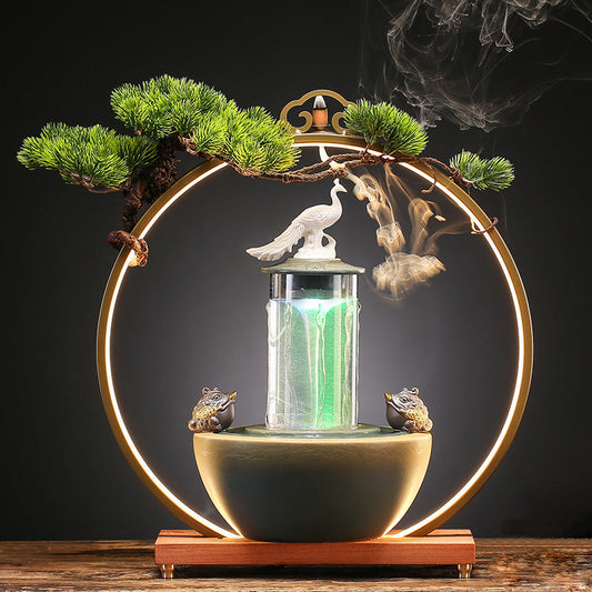 Lucky Pheasant Round LED Backflow Incense Burner With Flowing Water Fortune Fountain